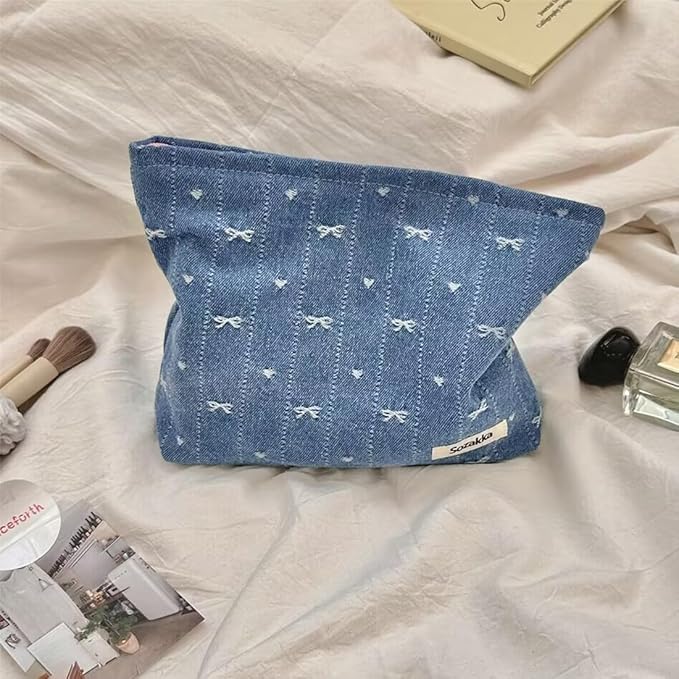 SxoSyo Cosmetic Bags for Women Makeup Bag Large Capacity Purse Travel Toiletry Zipper Storage Pouch Make up Brushes Organizer for Gifts (bowknot, denim blue)