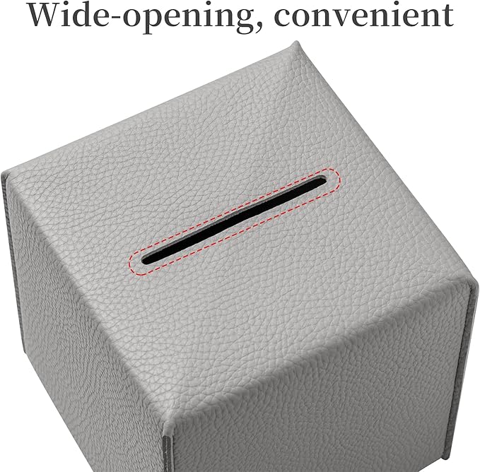 REGELETO Square Tissue Box Cover, Pu Leather Tissue Box Holder with Bottom Belt Modern Stylish Tissue Box Organizer for Bathroom, Bedroom, Hotel, Office Desk 5"X5"X5"-Grey