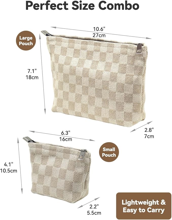 fahombag 2 Pcs Checkered Makeup Bag Set Canvas Cosmetic Pouch for Women Large & Small Cute Preppy Aesthetic Travel Toiletry Pouch Organizer for Purse Skincare Brushes, Khahi