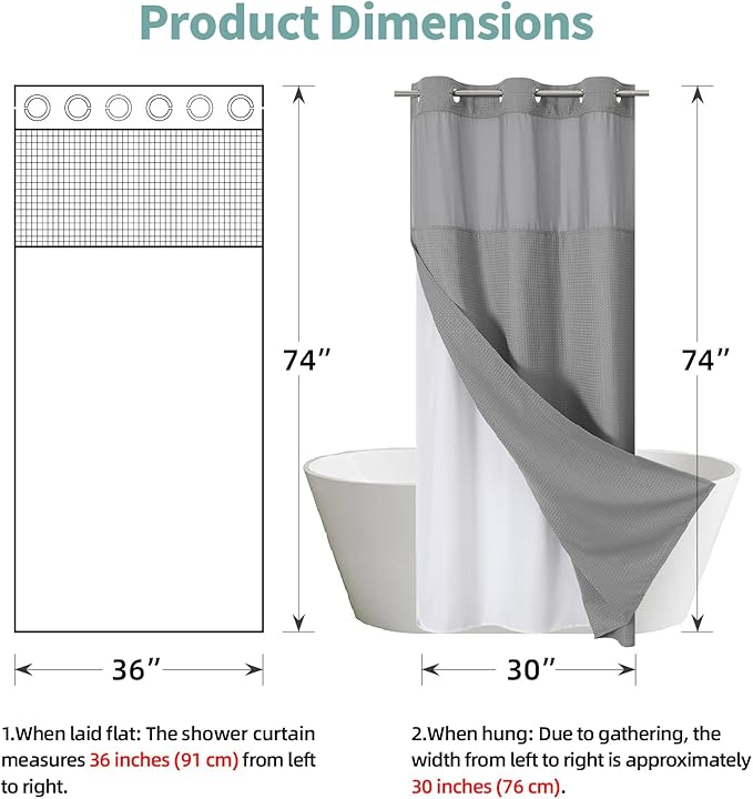 eachope Grey No Hook Waffle Weave Shower Curtain with snap-in Liner Replacement, 230GSM Waterproof Fabric Hotel Shower Curtain Set for Bathroom, Through Mesh Top Window,36Wx74H