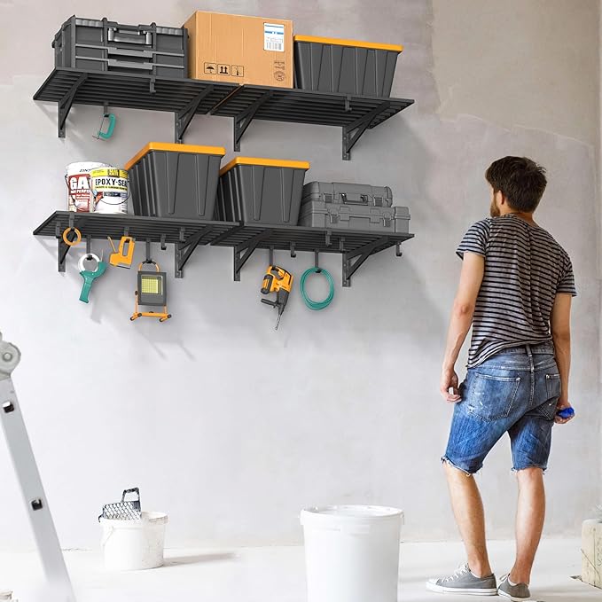 Jusgym 4-Pack 2x3ft Garage Shelving Wall Mounted, 2' x 3' Heavy Duty Garage Storage Shelves with Hooks, 800LB Capacity