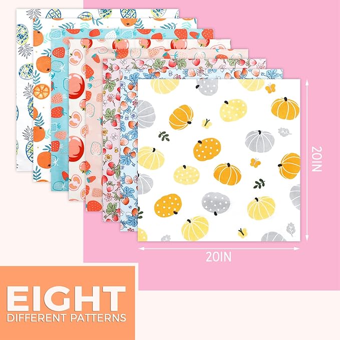 Aubliss 8pcs Fat Quarter Fabric Bundles (100% Cotton - 20'' x 20'') Quilting Cotton Craft Fabric Pre-Cut Squares Sheets for Patchwork Sewing Quilting Crafting (Fruit)