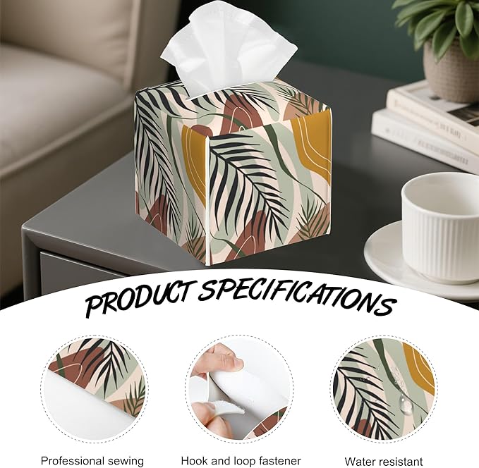 Boho Geometric Art Tissue Box Holder,Cube Tissue Box Cover Holder,Leather Facial Paper Organizer Dispenser Home for Bedroom Night Stands,Kitchen,Office and Car,5.2"×5.2"×5.2"