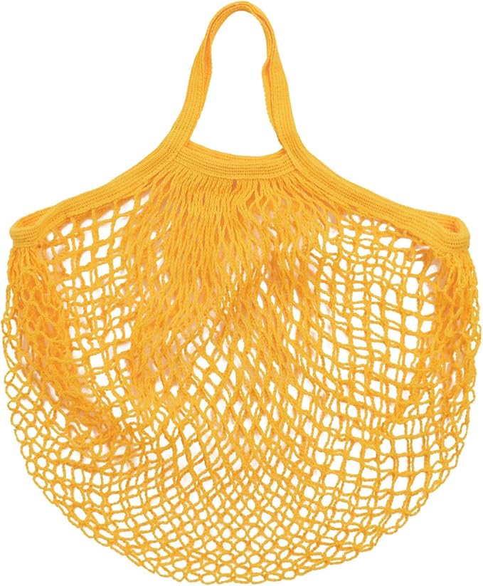 M METERXITY 1-Pack Cotton Mesh Bag, Reusable Washable Mesh Net String Grocery Bags, Reusable Produce Bags with Handle, Net Tote Bag for Fruits/Vegetables Shopping [Yellow, Short Handle]