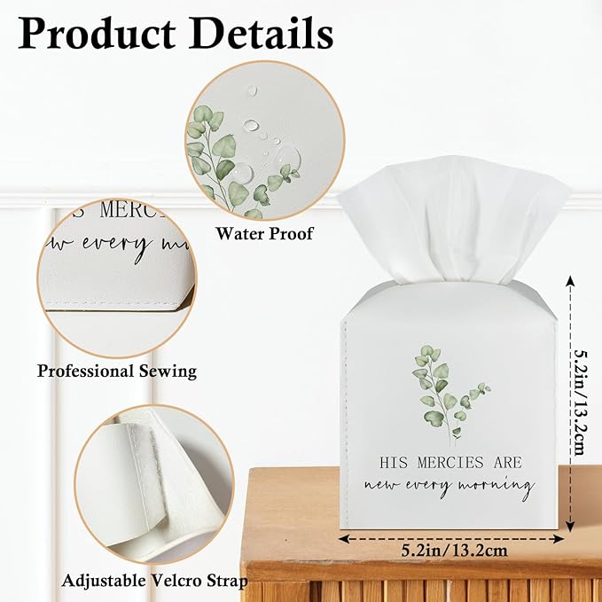 Christian Tissue Box Covers Square - His Mercy are New Every Morning, Leather Tissue Box Holders Decorative for Car Nightstand Home Office Organizer, Square Facial Paper Organizer Home Decor -023