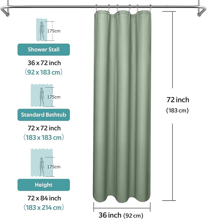 Vipfree 3 in 1 Shower Curtain Set, Waffle Shower Curtain and Liner Set with 6 Double Sided Shower Curtain Hooks, 258GSM Luxury Weighted Cloth Shower Curtains for Bathroom, 36 W x 72 H, Sage Green