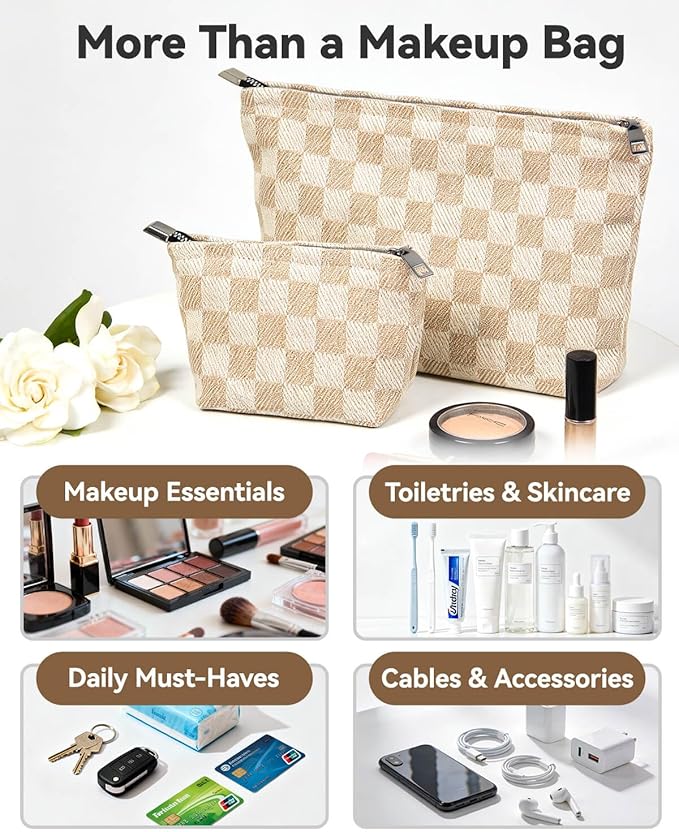 fahombag 2 Pcs Checkered Makeup Bag Set Canvas Cosmetic Pouch for Women Large & Small Cute Preppy Aesthetic Travel Toiletry Pouch Organizer for Purse Skincare Brushes, Khahi