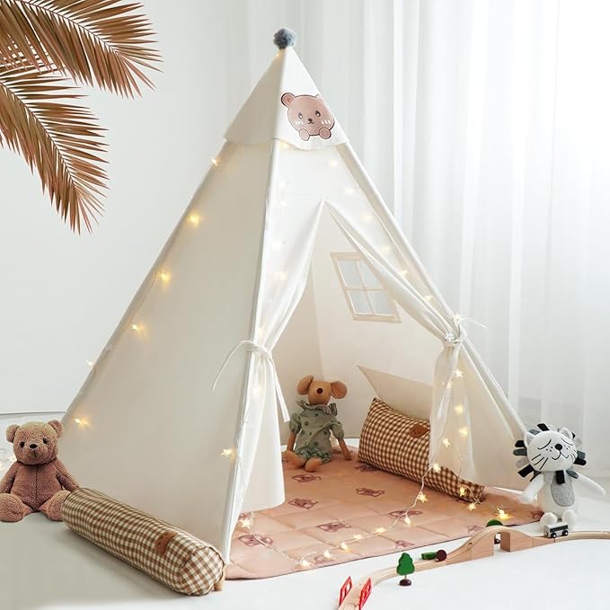 RongFa Teepee Tent for Kids-Portable Children Play Tent Indoor Outdoor (White with Mat)