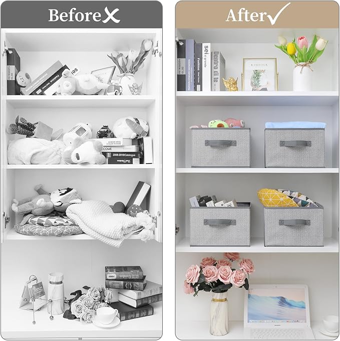EITMOW Storage Baskets, 11-Inch Woven Fabric Bins, Storage Cubes with Reinforced Handles, Organizer Bins for Closet Shelves, Foldable, for Toys, Clothes, Natural Beige (2PCS/Grey-11*11*7.8inch)