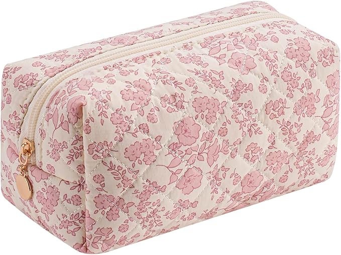 Gleyemor Small Quilted Makeup Bag for Women, Cute Floral Bow Cosmetic Bag, Emergency Bag Travel Toiletry Cotton Pouch Gifts for Girls Her Mom Friend Sister Bridesmaid (Pink Flower)