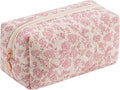 Gleyemor Small Quilted Makeup Bag for Women, Cute Floral Bow Cosmetic Bag, Emergency Bag Travel Toiletry Cotton Pouch Gifts for Girls Her Mom Friend Sister Bridesmaid (Pink Flower)