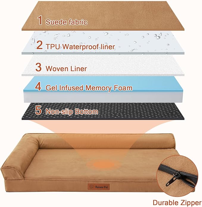 Rainmr Orthopedic Dog Bed for Large Dogs, 44"x32"x6" Memory Foam Pet Bed with Washable Microsuede Cover, TPU Waterproof Liner & Nonskid Bottom, for Indoor, Outdoor, Crate ＆ Car Use, Khaki