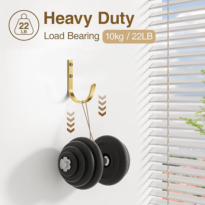 Josmimic Wall Hooks for Hanging Towel/Coat - 22LB Screw in Metal Hanger Wall Mount, for Outdoor, Closet, Door, Bathrooms, for Backpack, Robe, Brushed Gold 5 Pack