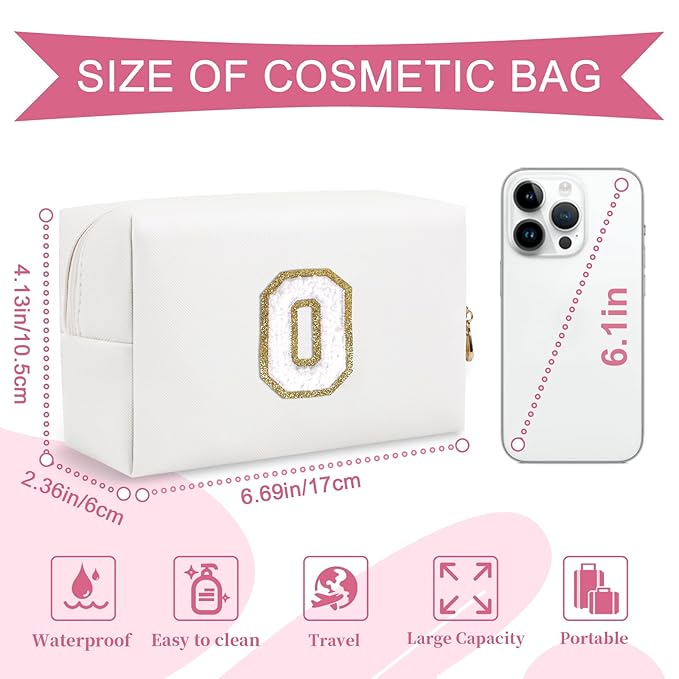 Small Personalized Initial A-Z Preppy Patch Makeup Bag,White PU Chenille Letter Travel Cosmetic Pouch with Zipper,Cute Toiletry Bag,Gift Ideal for Teen Girls Women Teacher Bridesmaid,Letter O