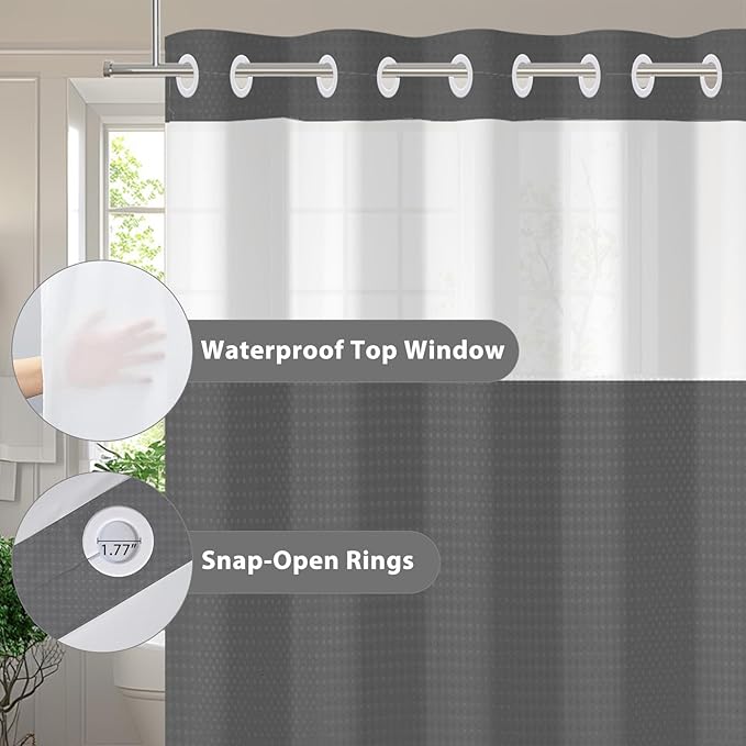 GICDSU No Hook Shower Curtain with Snap in Liner, Waffle Shower Curtain Set for Bathroom, Hotel Style with Semi-Sheer Top Window, Waterproof & Washable, Dark Grey, 71" W x 75" L
