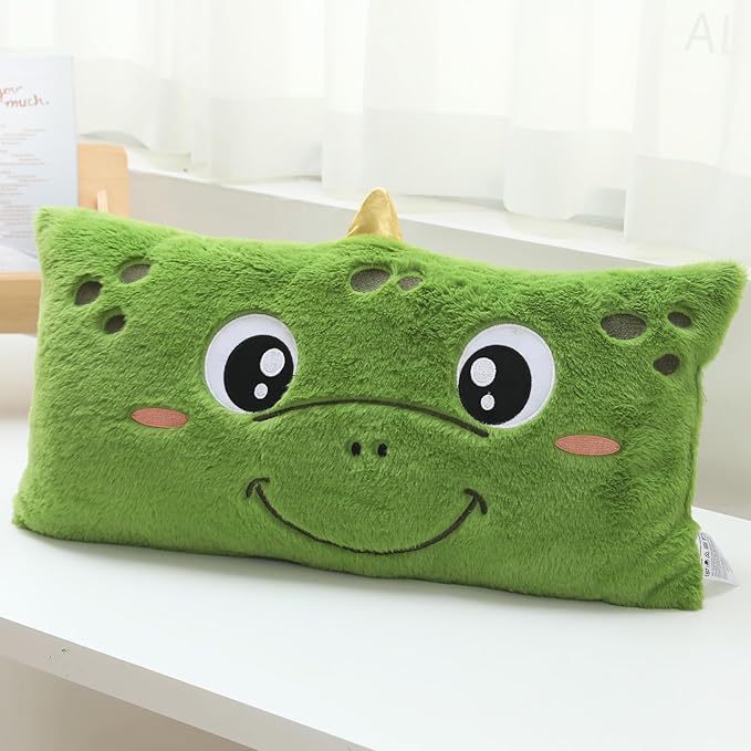 Snugtown Stuffed Animal Lumbar Pillow, Super Soft Plush Cuddle Throw Pillow for Kids, Cute Dinosaur Shaped Pillow, 12 x 24 Inches, Green