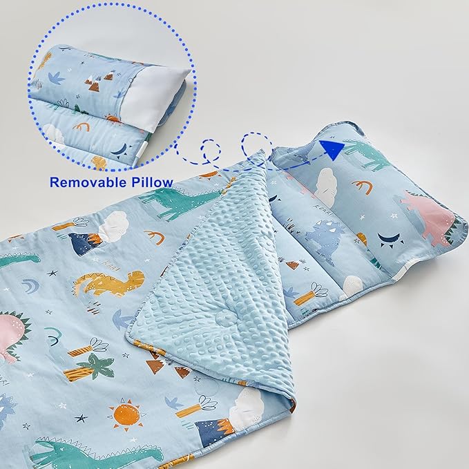 Cotton Toddler Nap Mat with Zipper,Detachable Minky Blanket and Removable Pillow,Soft Slumber Bags for Boys,Kids Sleeping Bag for Daycare Preschool Kindergarten,Dinosaur Toddler Sleeping Mat - Blue
