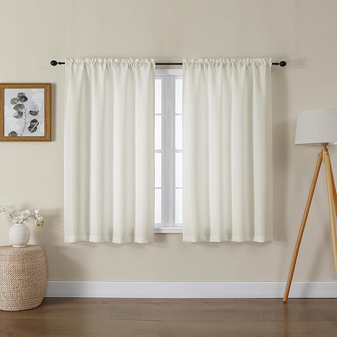 Lecloud Bessie Ivory Short Curtains 45 Inch Length 2 Panels, Light Filtering Faux Linen Textured Curtains, Rustic Yellowish Curtain for Bedroom Basement Bathroom, Each 30 W x 45 L