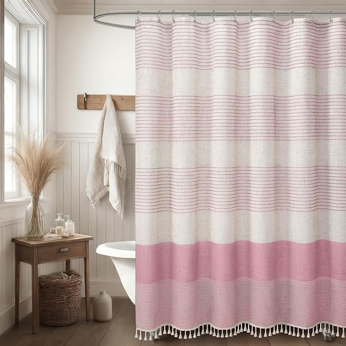XOGUIBO Pink Shower Curtain Boho Linen Striped Shower Curtains for Bathroom with Tassel 72 X 72