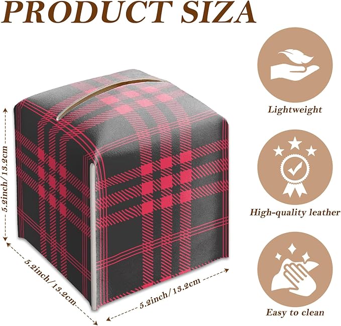 Red and Black Checkered Tissue Box Cover Square, Vintage Leather Tissue Holder with Bottom Belt, for Nightstands Desks Office Bathroom Car Vanity Home Decor Supplies -008