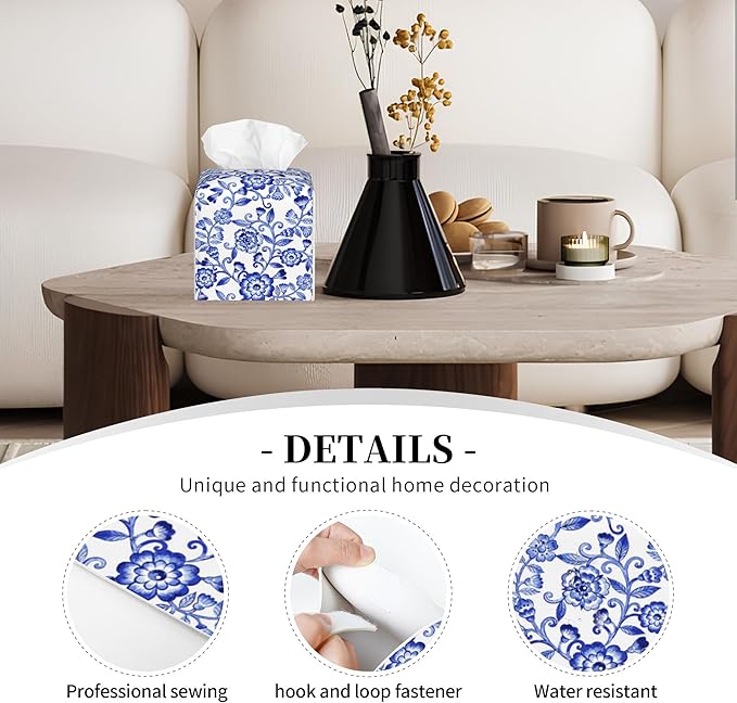 POIUBLE Leather Tissue Box Holder Watercolor Blue Flowers Tissue Box Cover Square Waterproof Tissue Holder Organizer Modern Napkin Holder for Bedroom Dresser Night Stand Office Desk