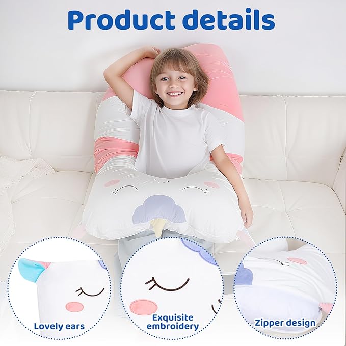 MLdian 47x23 inch U Shaped Long Plush Body Pillows for Kids, Stuffed Animal Unicorn Soft Large Pillow for Sleeping, Big Cute Plushies, Washable Cover, Gift for Boys and Girls