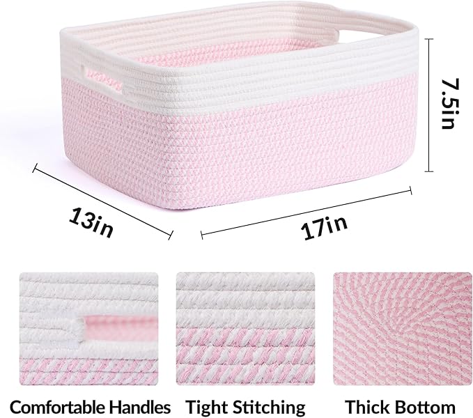 MiniArk Large Storage Baskets for Organizing, Closet Shelf Baskets for Clothes Blanket Towels, Baby Nursery, Toy Bins Box, Woven Rope Baskets, 17 x 13 x 7.5”, 4 Packs Woven Pink