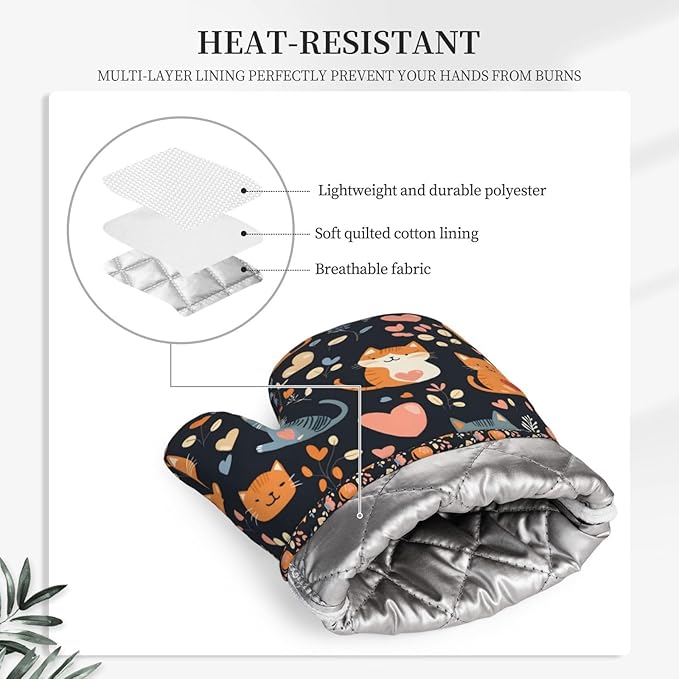 Oven Mitts 2 Pack, Silicone Kitchen Gloves, Heat Resistant with Non-Slip Grip and Soft Quilted Cotton Lining for Cooking Barbecue Backing (Cats and Hearts)
