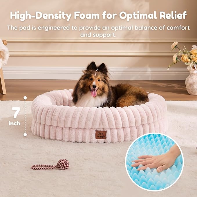 ChiXnuggle Dog Bed Medium Sized Dog - Luxury Striped Faux Fur Waterproof Pet Couch with Removable Washable Cover, Orthopedic Pet Bed with Bolster Sides for Sleeping, Pink