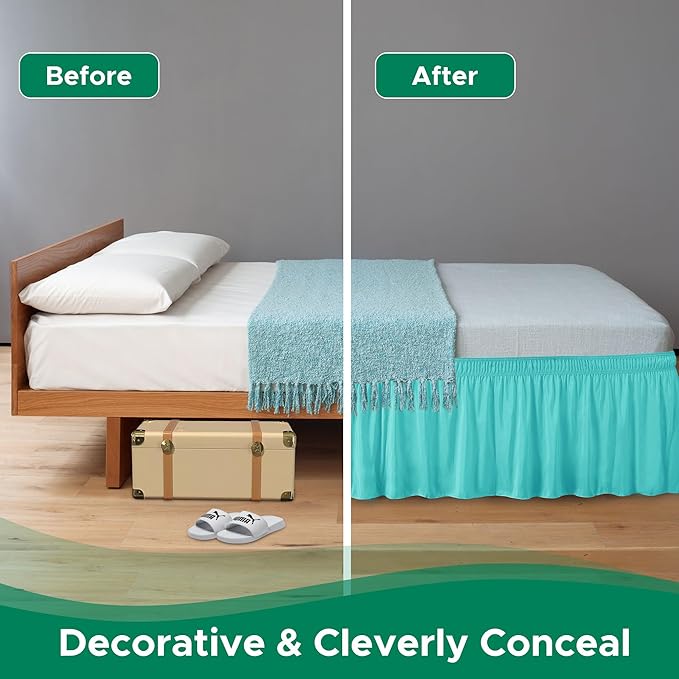 Biscaynebay Wrap Around Bed Skirts for Full & Full XL Beds with 15" Drop, Aqua Adjustable Elastic Dust Ruffles Easy Fit Wrinkle & Fade Resistant Silky Luxurious Fabric Machine Washable