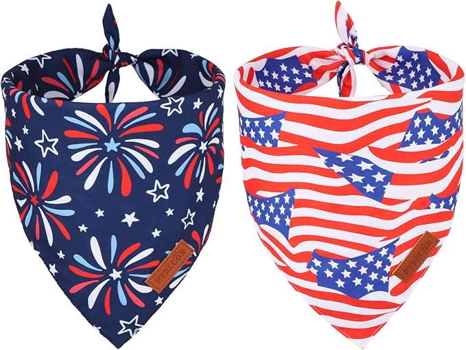 PTDECOR American Flag Dog Bandana 4th of July Dog Scarf Reversible Red Blue Patriotic Bandanas for Medium Large Dogs Pets (Blue & Red, Large)