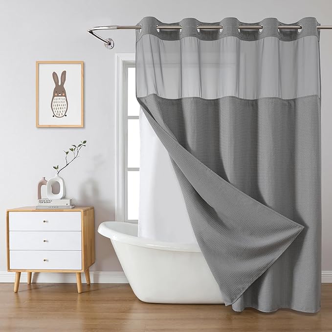eachope Grey Long No Hook Waffle Weave Shower Curtain with snap-in Liner Replacement, 230GSM Waterproof Fabric Hotel Shower Curtain Set for Bathroom, Through Mesh Top Window,71Wx80H