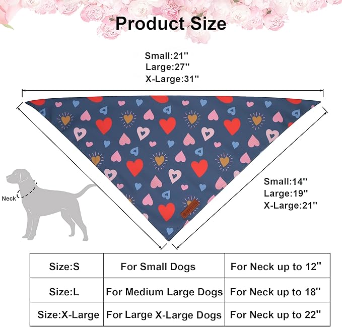 ADOGGYGO Valentine Dog Bandana, Colorful Heart Pet Scarf, Multi Size Offered, White Blue Valentine Heart Bandanas for Medium Large Dogs (Large)
