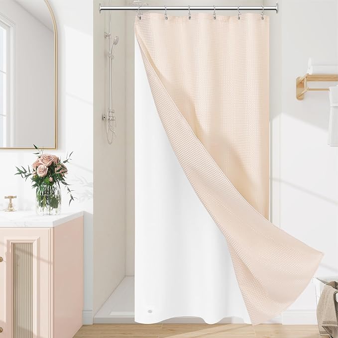 Craidlela 3 in 1 Stall Half Size Blush Pink Shower Curtain Set-36 W x 72 H, Modern Waffle Waterproof Fabric and PEVA Liner Set with Stainless Steel Hooks