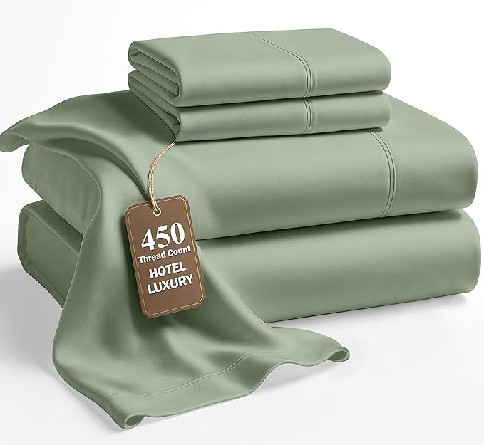 Lane Linen Queen Bed Sheet Set – 450 Thread Count Cooling Sheets Queen Size, 100% Cotton, Soft Comfort for Restful Sleep, Easy Machine Washable, Sateen Finish, Snug Fit 15" Deep Pocket – Iceberg Green