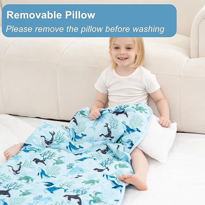 Viviland Toddler Nap Mat, Rolled Sleeping Mats with Pillow and Minky Dot Blanket for Girls Boys, Kids Slumber Bags/Nap Mat for Preschool, Daycare, Kindergarten, Travel Camping - Blue Ocean Whales