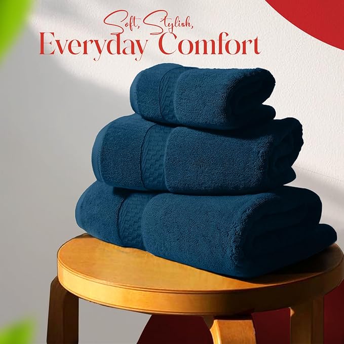 RIVERSIDE 3-Piece Towel Set, 1 Bath Towel, 1 Hand Towel, 1 Washcloth, 550 GSM Ring Spun Cotton, Soft, Quick Dry, Absorbent Bathroom Towels for Home, Gym, Spa, Blue Opal
