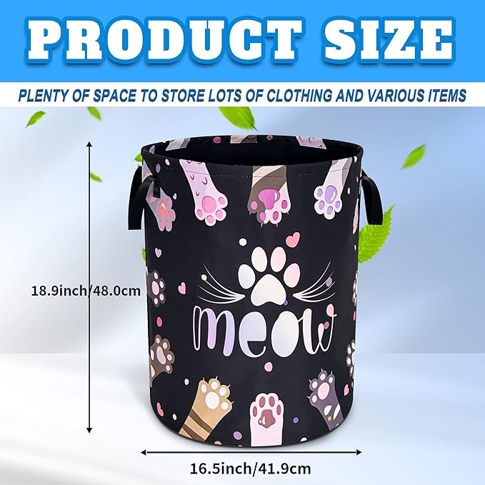 Cat Paw Prints Laundry Basket Meow Pet Oxford Cloth Laundry Hamper With Handle Foldable Portable Clothes Storage Basket 18.9 X 16.5 Inch Storage Bag For Laundry Room/Bathroom/Bedroom/Dormitories