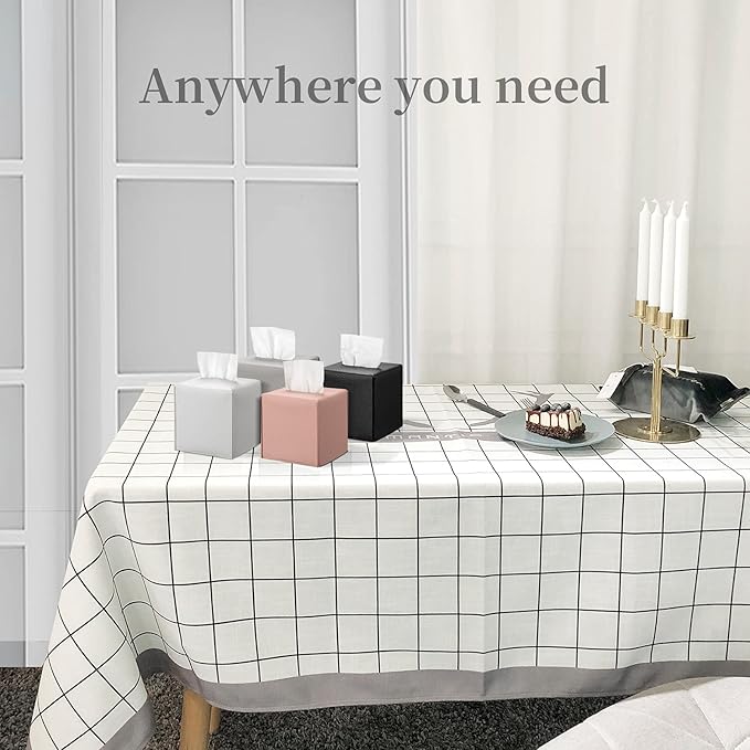 REGELETO Square Tissue Box Cover, Pu Leather Tissue Box Holder with Bottom Belt Modern Stylish Tissue Box Organizer for Bathroom, Bedroom, Hotel, Office Desk 5"X5"X5"-Off White