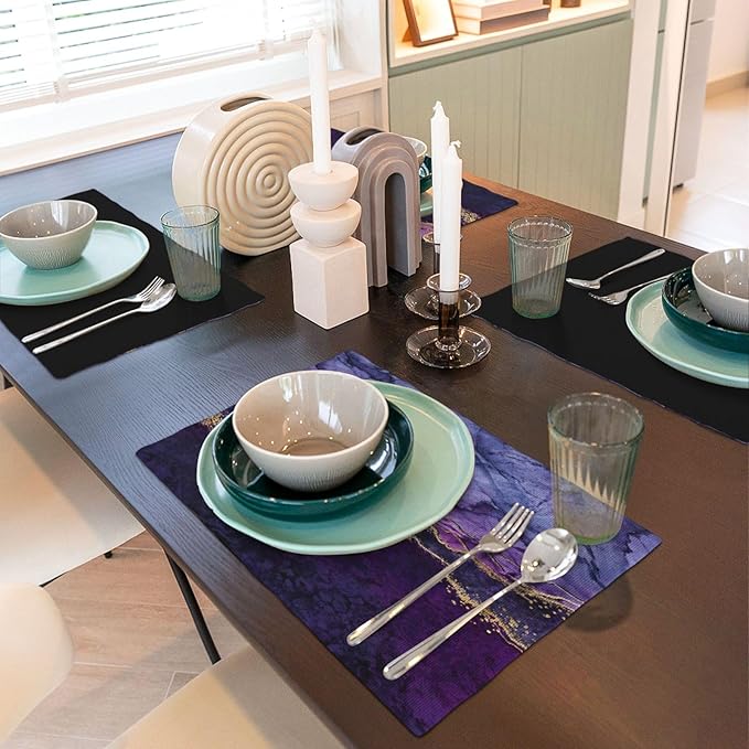 Purple Marble Placemats, Abstract Elegant Art Marble Floral Art Accents Print Washable Fabric Placemats Table Kitchen Dining Party 12x18 Inch Set of 6