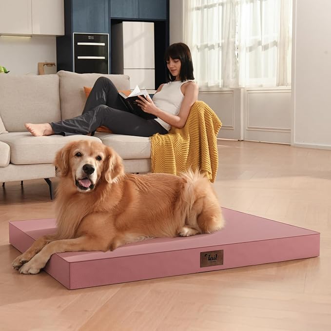Tail Stories Outdoor Orthopedic Dog Bed for Extra Large Dogs, XL Waterproof Flat Pet Bed 44x32 Inch, Egg Crate Foam with Removable Washable Oxford Cooling Cover, Pink