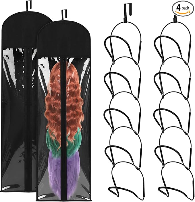 Blulu 10 Pcs 10 Pcs Wig Hangers Rack for Multiple Wigs with Dust-proof Storage Bags, Hanging Storage Organizer for Hat with Anti-slip Grips Space Saving for Door Wall Closet Bathroom (Black)