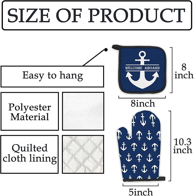 Lake House Gifts Oven Mitts and Pot Holders Sets, Lake Navy Blue Kitchen Accessories Sets, Nautical Navy Blue Anchor Welcome Aboard Heat Resistant Oven Glove Potholders for Kitchen Cooking