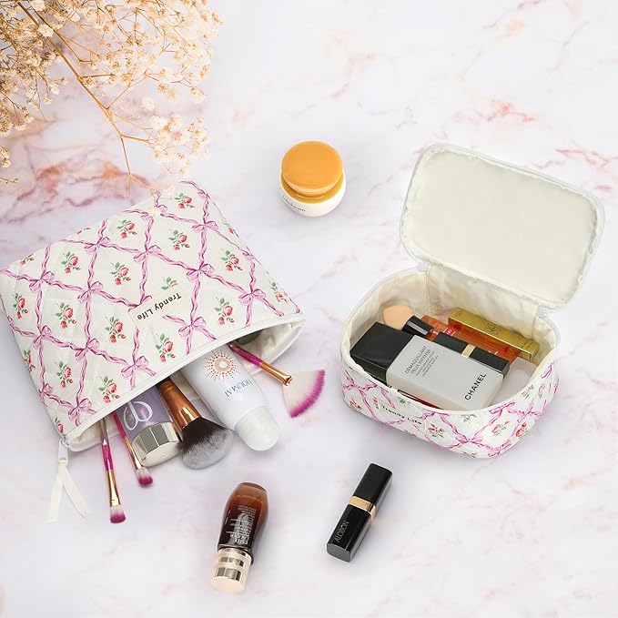 HAOGUAGUA 2 Pieces Makeup Bag, Small Large Quilted Cosmetic Bag, Travel Floral Make Up Toiletry Organizer Bag for Women Girls (2PCS STYLE B-4)