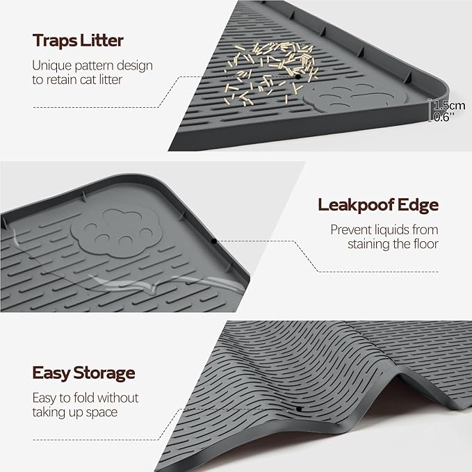 Bartuke Cat Litter Mat, 2 Pack Large 34" x 22" Silicone Mat Litter Trapping Mat for Scatter Control, Soft on Kitty Paws, Easy to Clean (Dark Grey)
