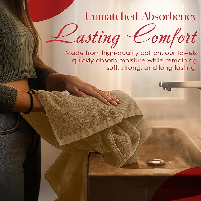 RIVERSIDE Pack of 8 Towels Set, 2 Large Bath, 2 Hand, 4 Face Washcloths, 100% Cotton Hotel Quality, Super Soft, Quick Dry, Highly Absorbent Perfect for Bathroom, Tan