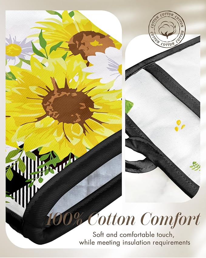 Cotton Oven Mitts and Pot Holders Sets - Quilted Lining Heat Resistant 4 Pieces Set with Hanging Loop Cute Farmhouse Boho Spring Kitchen Decor and Accessories, Plaid Sunflower