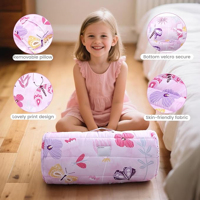 david's kids Toddler Nap Mat Set with Removable Pillow, Ultra Soft Slumber Bags for Girls，Perfect for Preschool, Daycare, Kids Sleeping Bags with Rollup Design, 50"x20", Butterfly