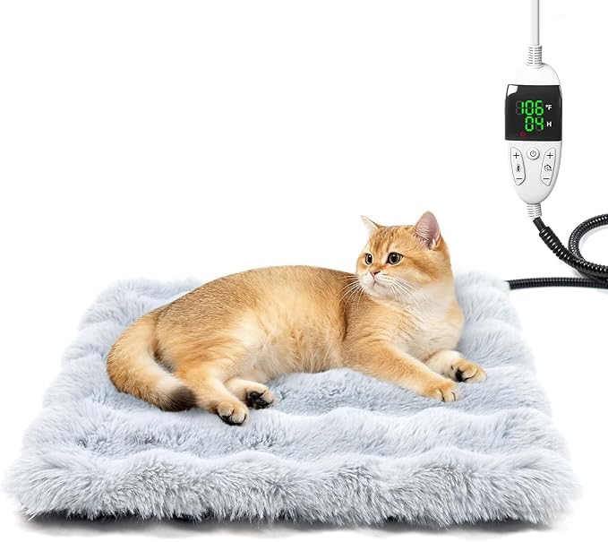 Littlo Kozytail Cat Heating Pad, Pet Heating Pad with Smart Thermostat, 12 Temp Levels & 0-12H Timer, Plush Fleece Cover with Zipper, Waterproof & Chew Resistant, 18x18in for Cats and Small Dogs