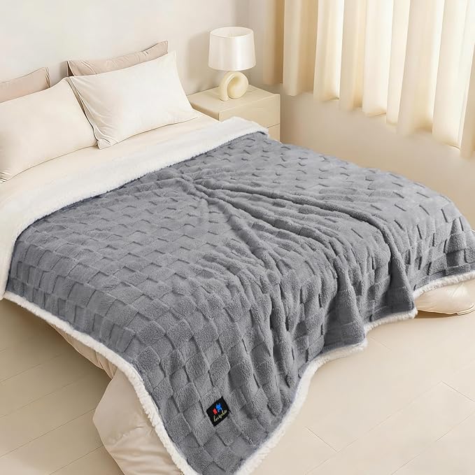 Luciphia Waterproof Dog Blanket for Large Dogs Washable Soft Sherpa Fleece Cat Blankets with 3D Jacquard Cozy Calming Reversible Bed Couch Protector Furniture Protection for Pet,Gray White, 85x57 inch